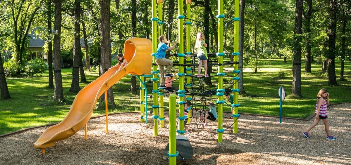 Kids on playground equipment.