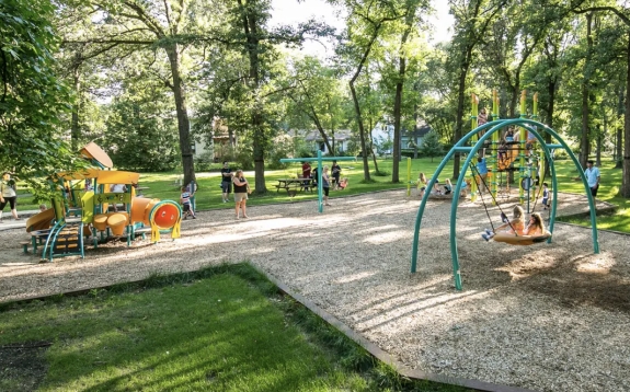 Kids on playground equipment.