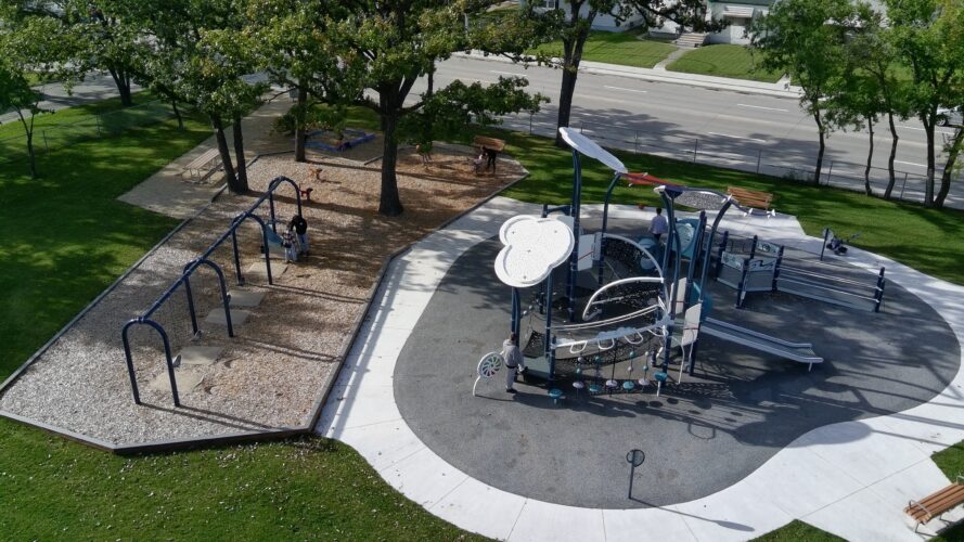 Drone view of Corydon Community Centre Playground with swing set