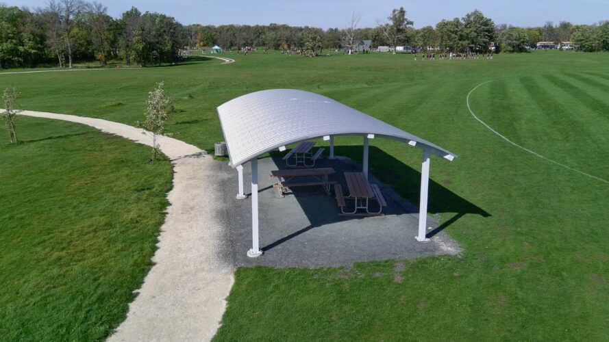 Large commercial outdoor shelter at La Barriere Park next to the Cricket field.