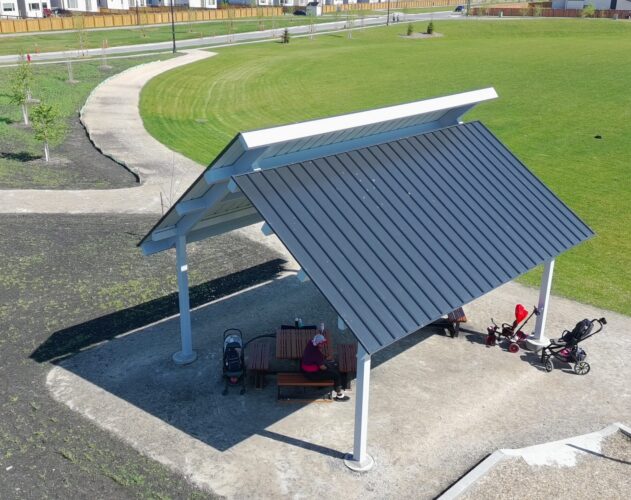 Angled view of the Northern Skyline shelter at Firestone Park
